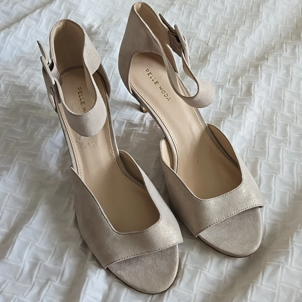 Pelle Moda Cream Shiny Kitten Heels Ankle Strap Elegant Special Occasions Heels